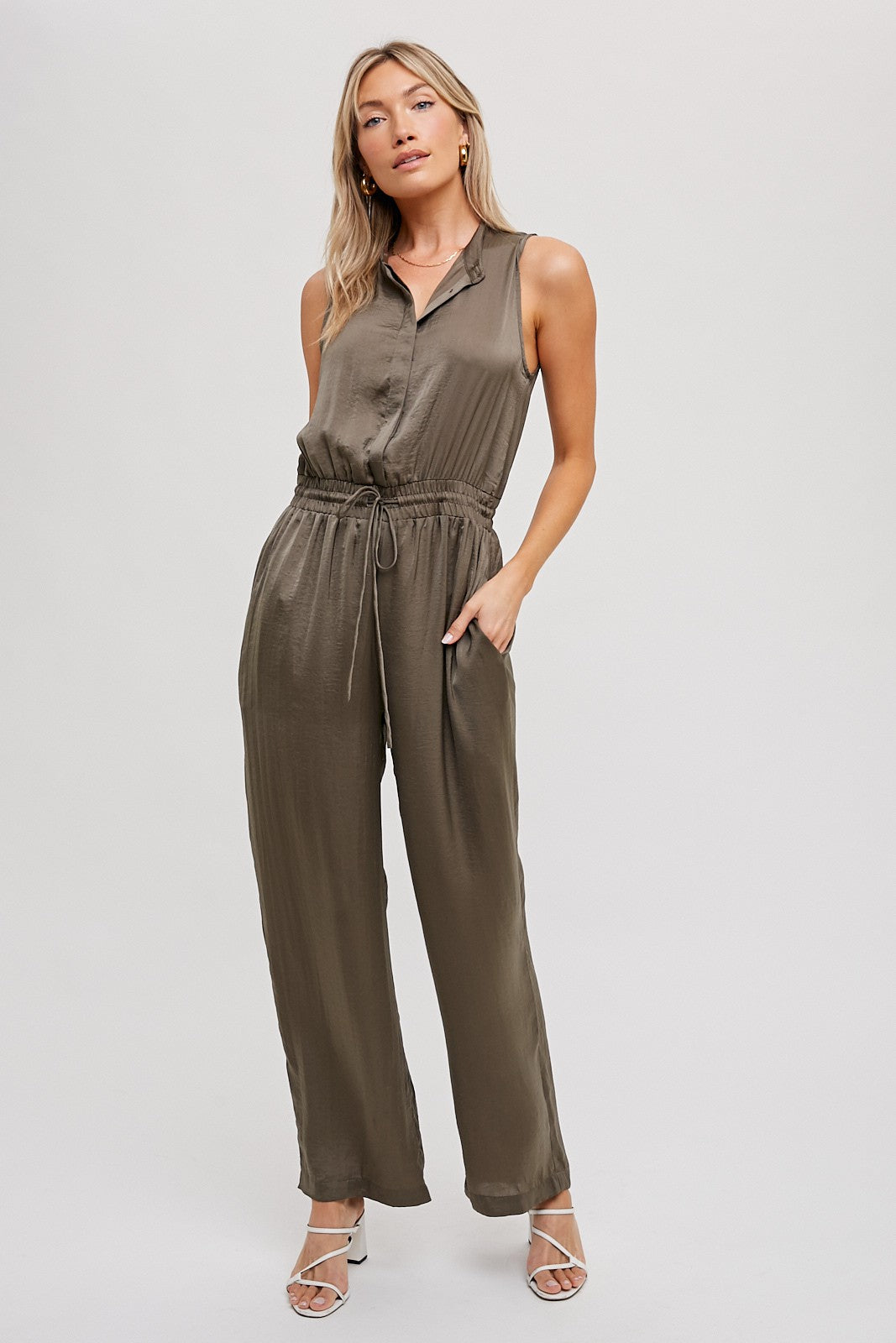 The Dede Satin Jumpsuit in Olive