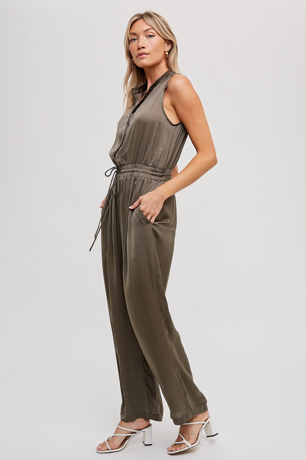 The Dede Satin Jumpsuit in Olive