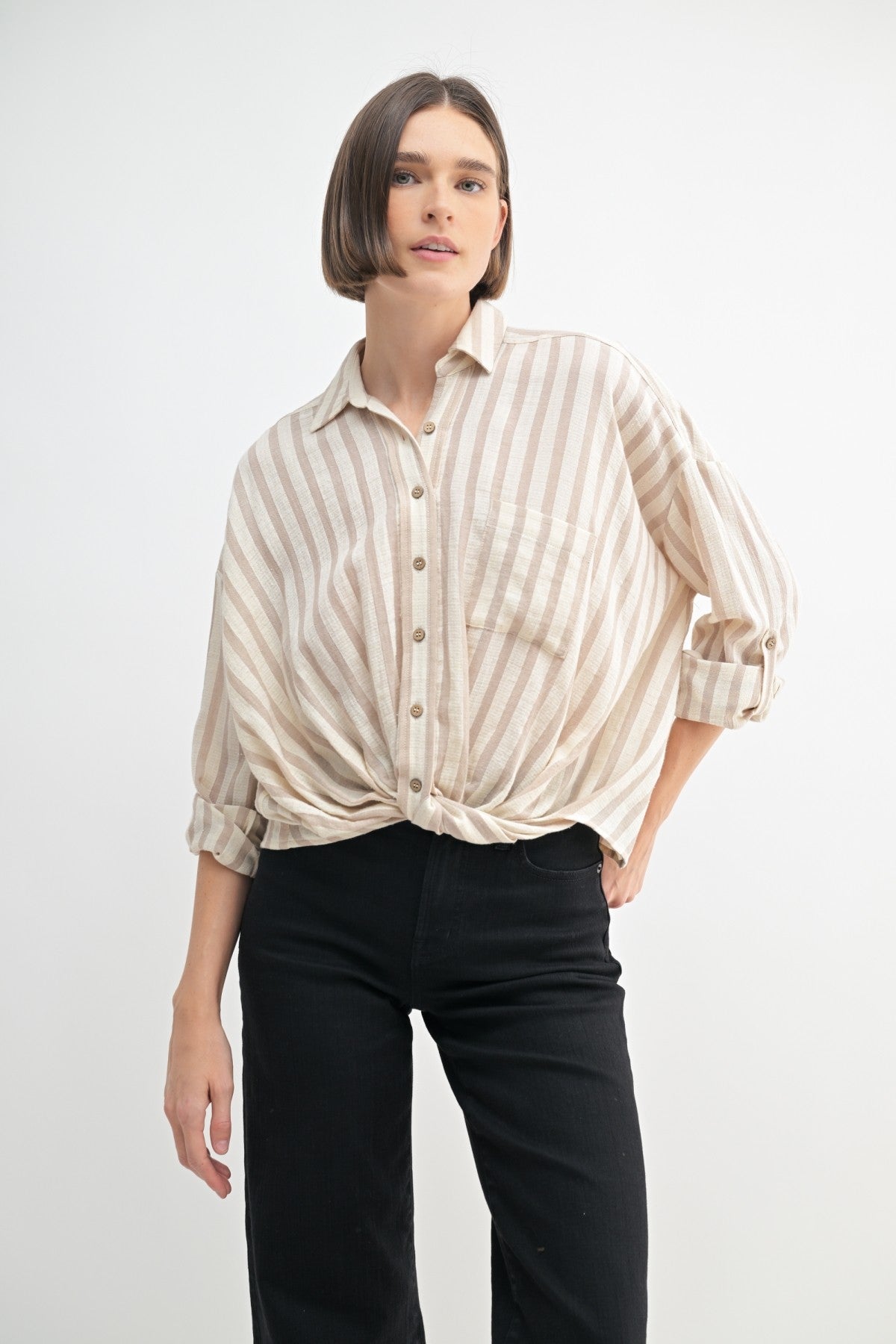 Twist Front Button Down Top in Taupe