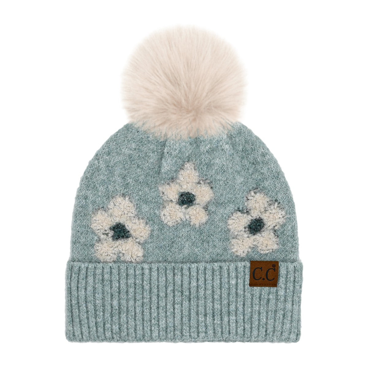 CC Daisy Pattern Beanie With Pom Pom
