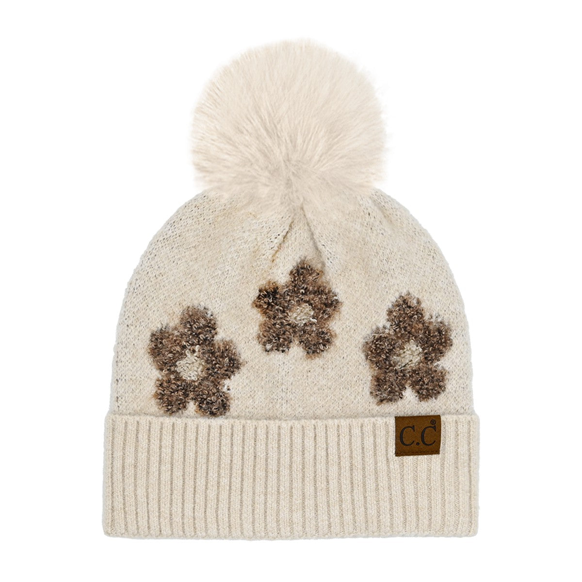 CC Daisy Pattern Beanie With Pom Pom