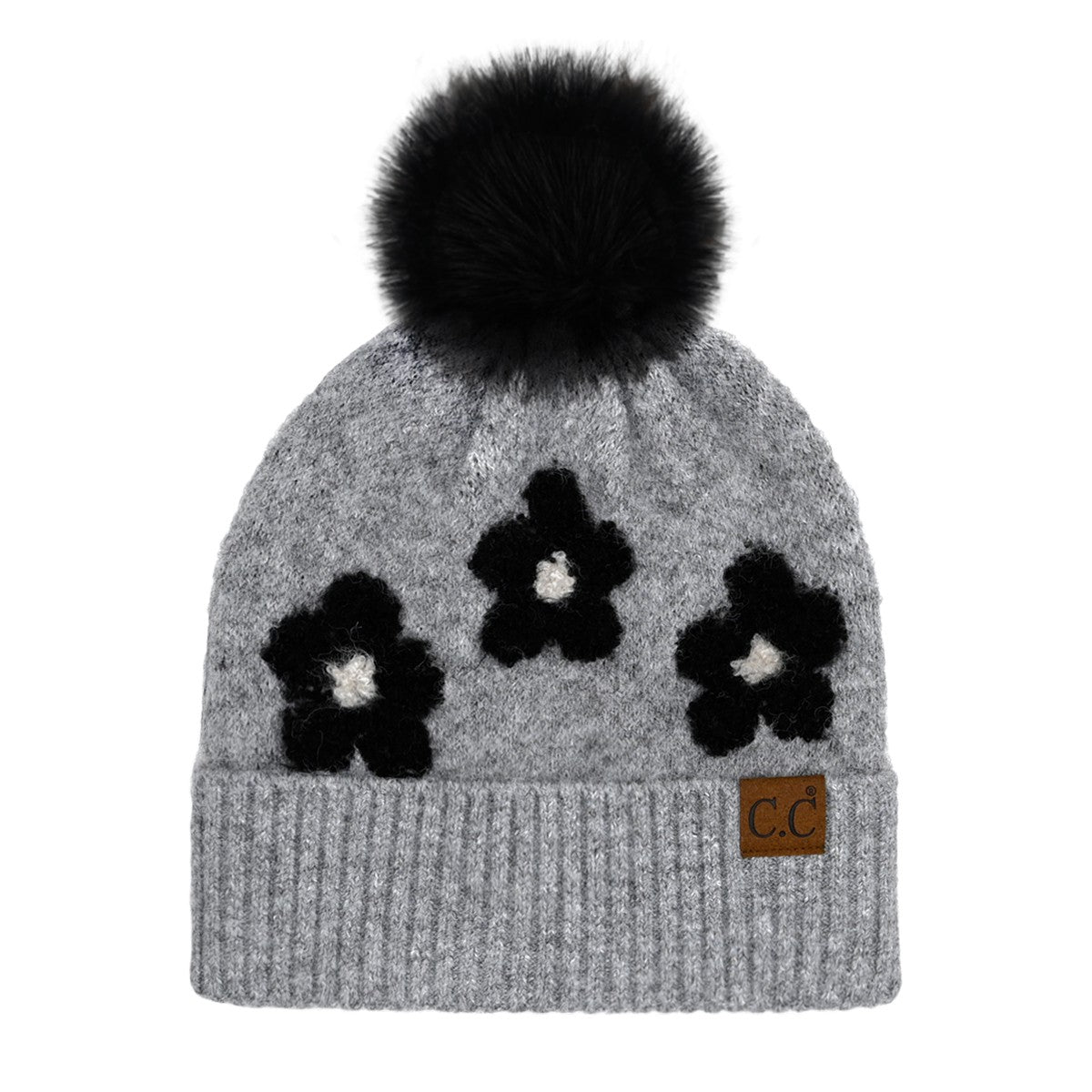 CC Daisy Pattern Beanie With Pom Pom
