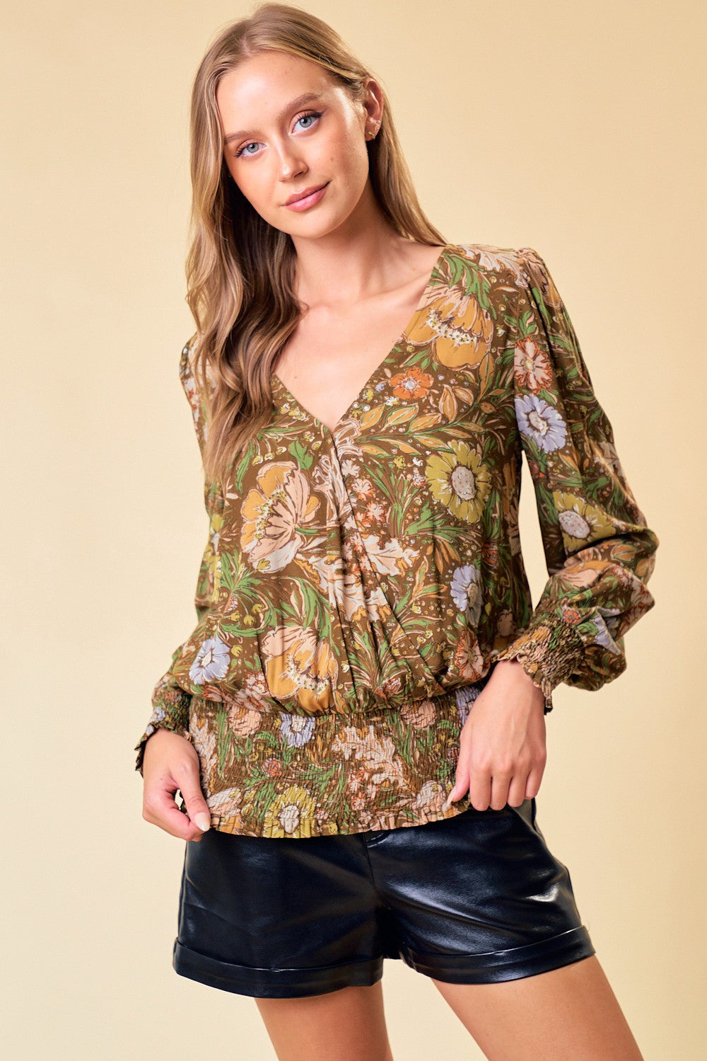 Olive Floral Smock Waist Top