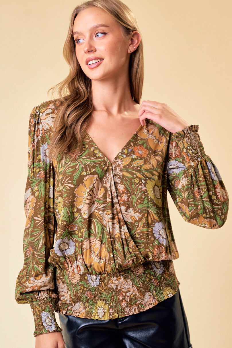 Olive Floral Smock Waist Top