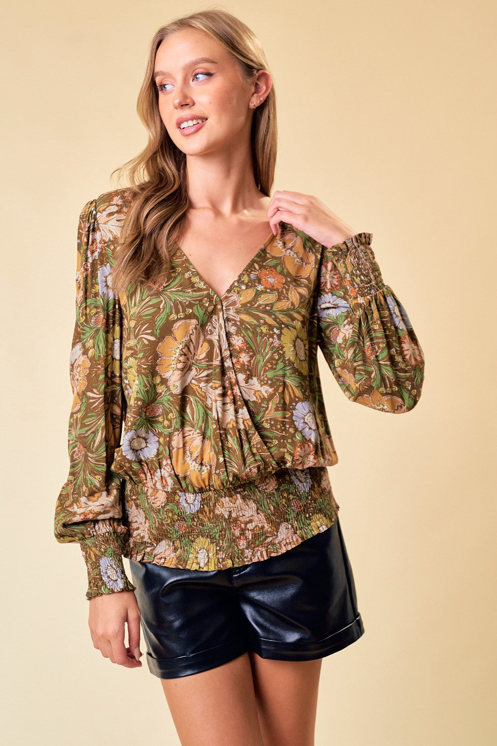 Olive Floral Smock Waist Top