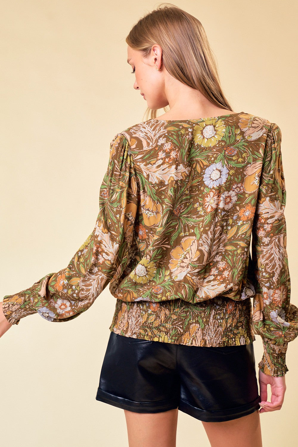 Olive Floral Smock Waist Top