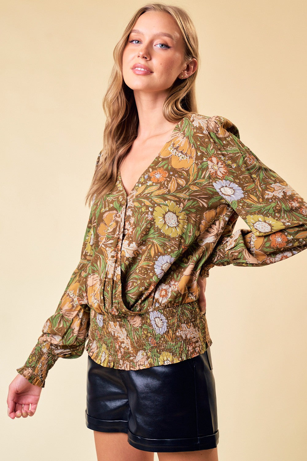 Olive Floral Smock Waist Top