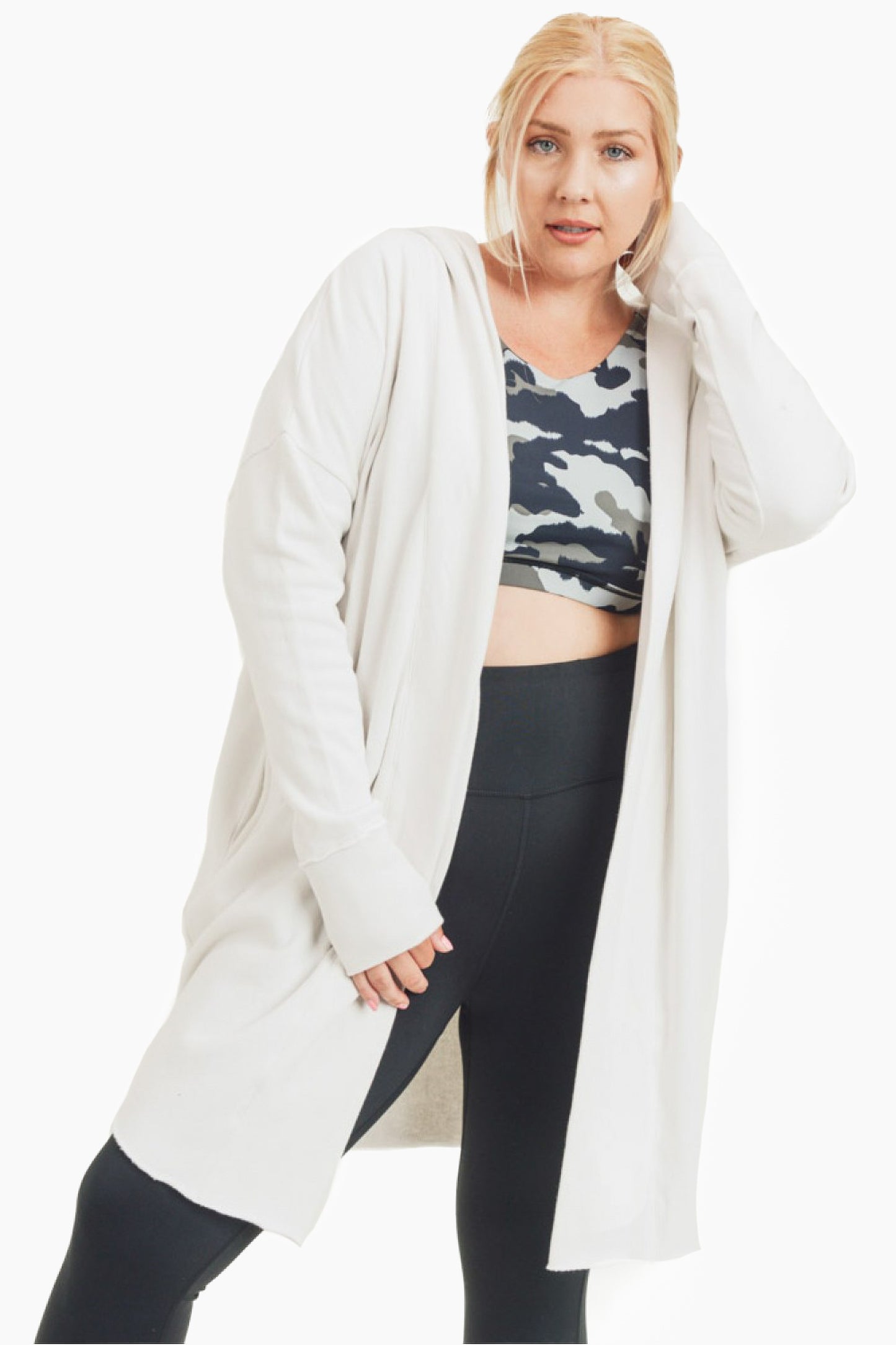 Curvy Size Zander Longline Cardigan in Natural