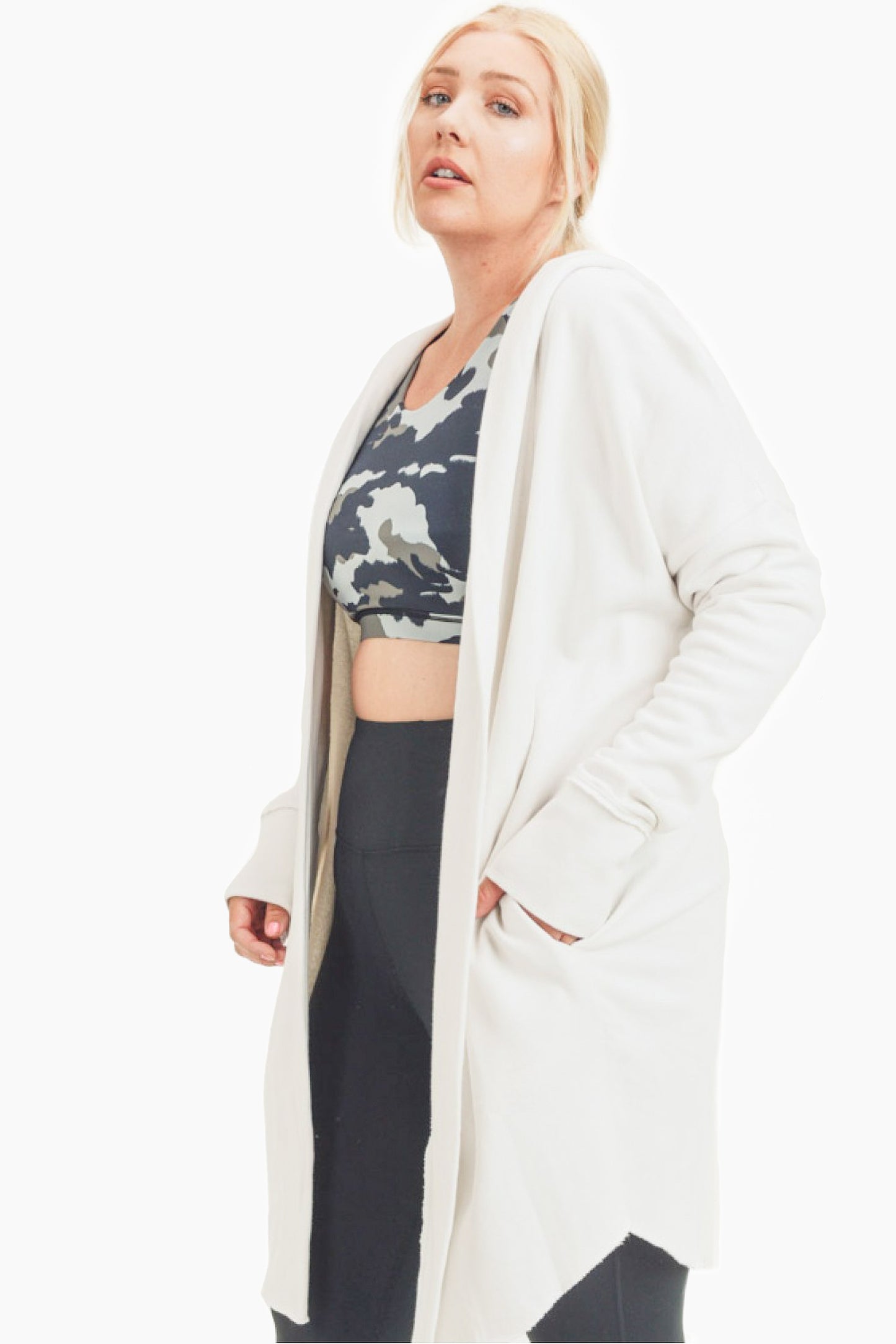 Curvy Size Zander Longline Cardigan in Natural