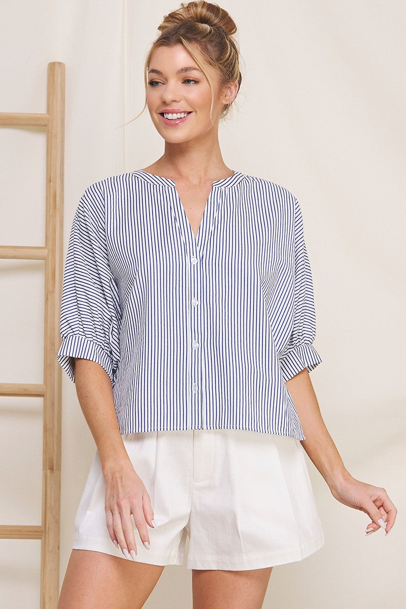 Stripe Button Up Top in Navy