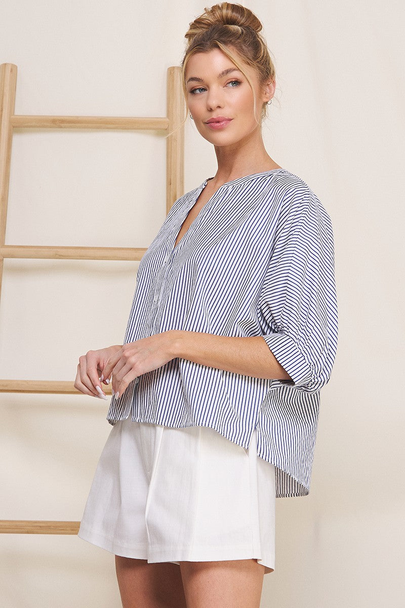 Stripe Button Up Top in Navy