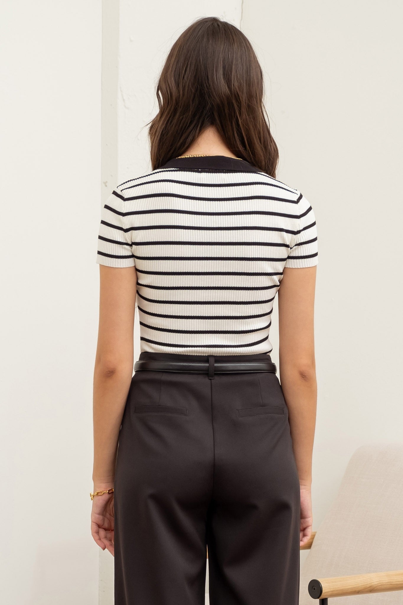 Stripe Collared Knit Top