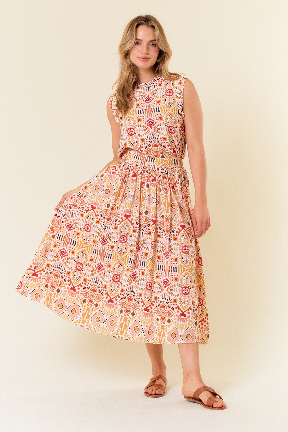 Ikat Printed Midi Skirt W/elastic Back Waist
