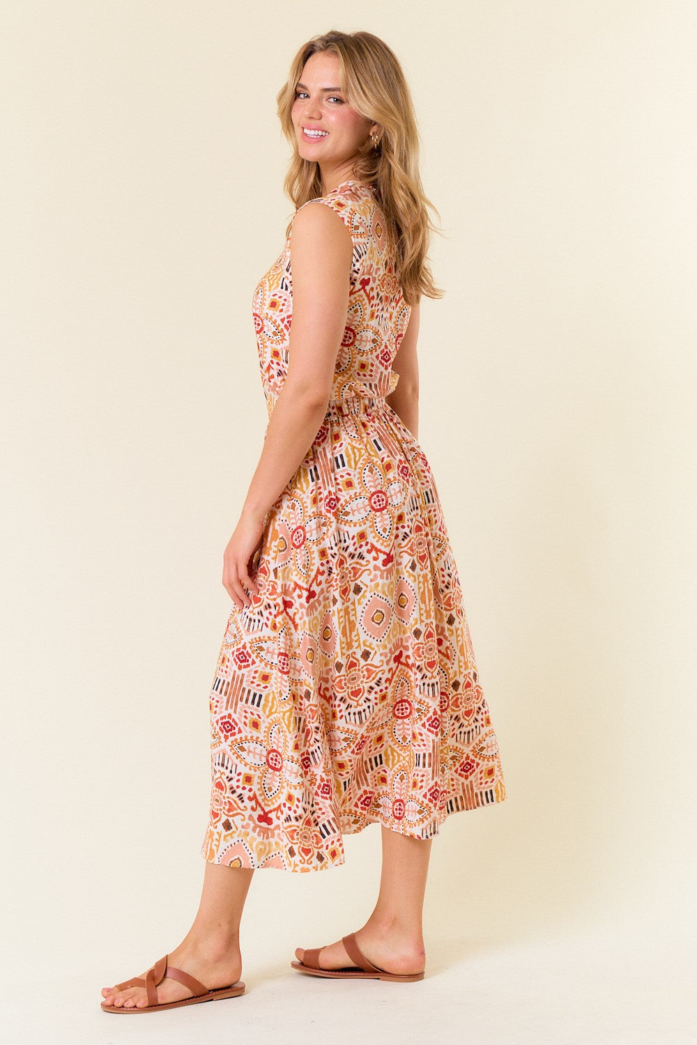 Ikat Printed Midi Skirt W/elastic Back Waist