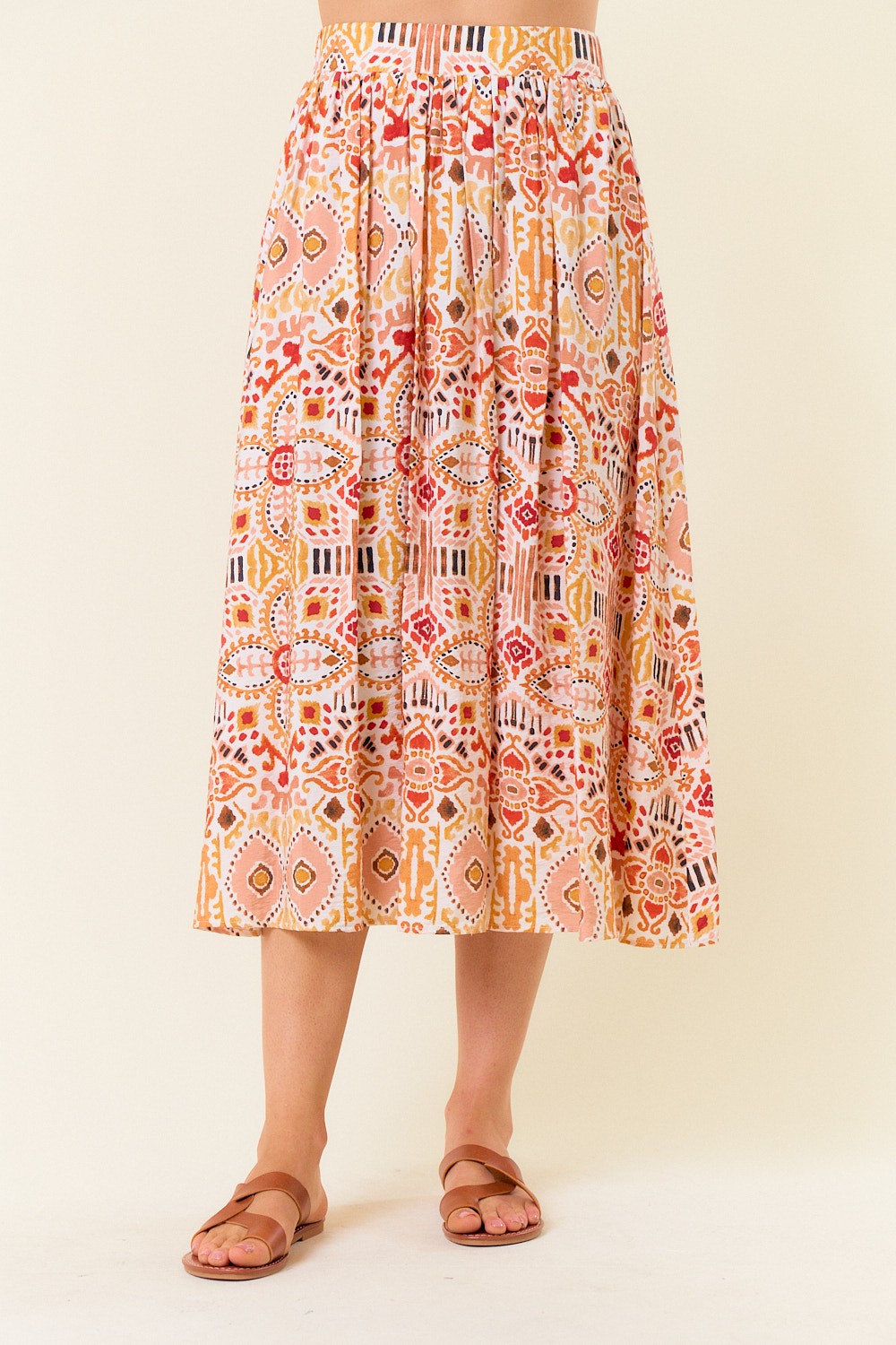 Ikat Printed Midi Skirt W/elastic Back Waist