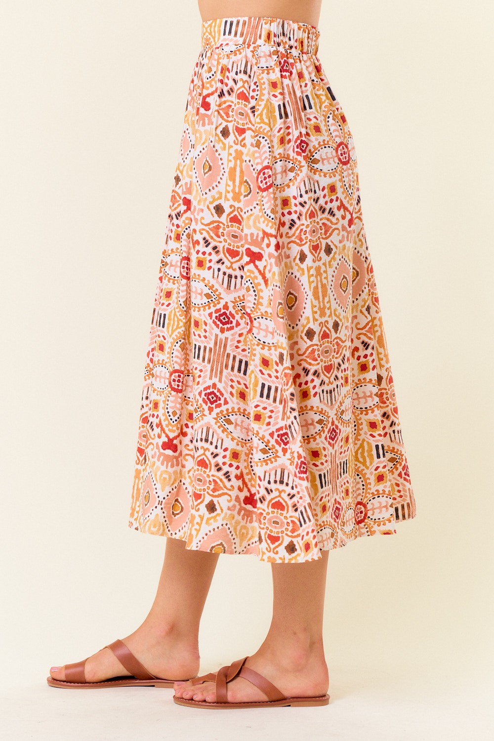 Ikat Printed Midi Skirt W/elastic Back Waist