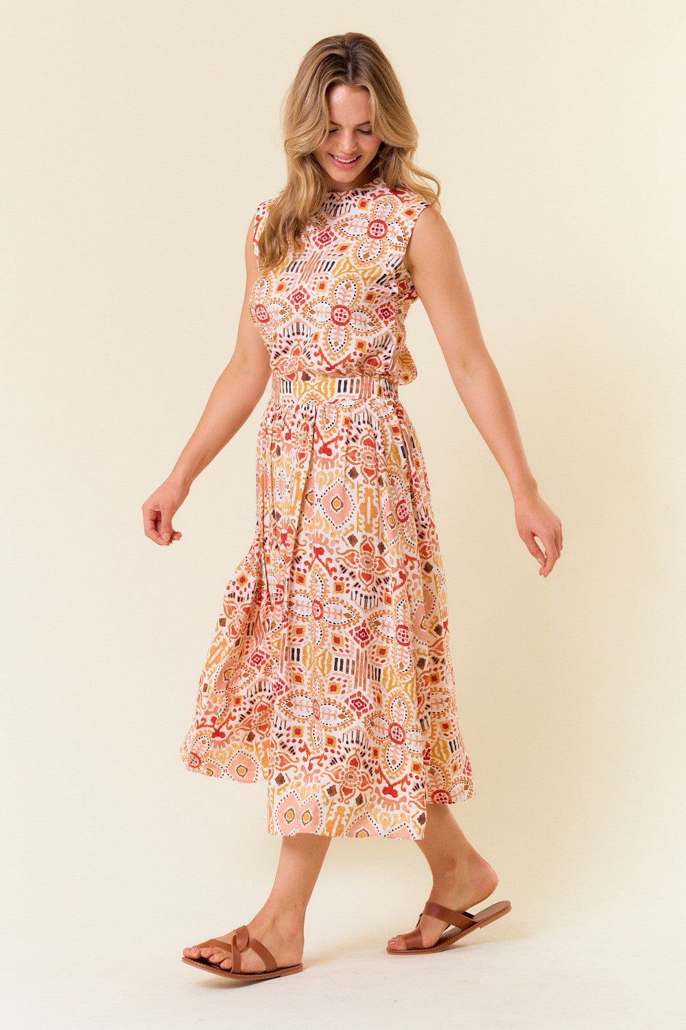 Ikat Printed Midi Skirt W/elastic Back Waist