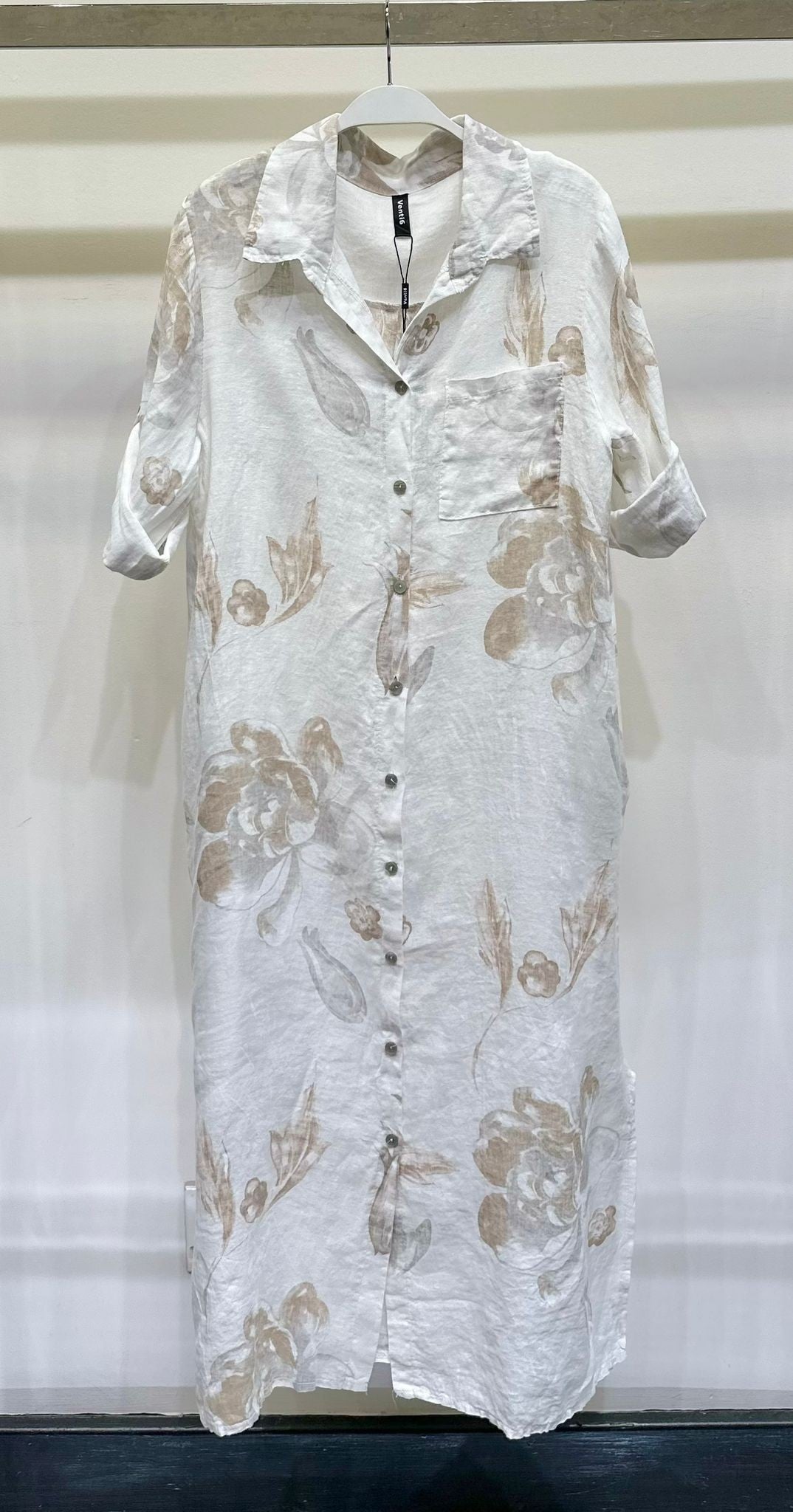 Tulip Floral Italian Linen Dress in White/Beige