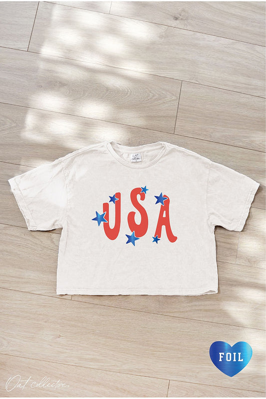 USA Foil Cropped Mineral Washed Graphic Tee