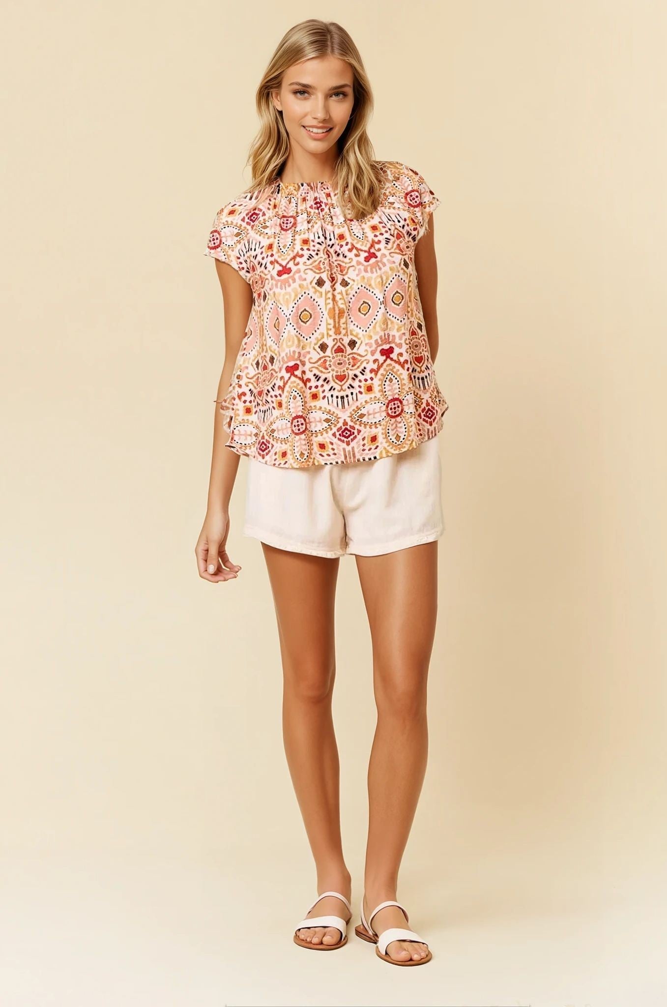 Ikat Print Ruffled Neck Blouse