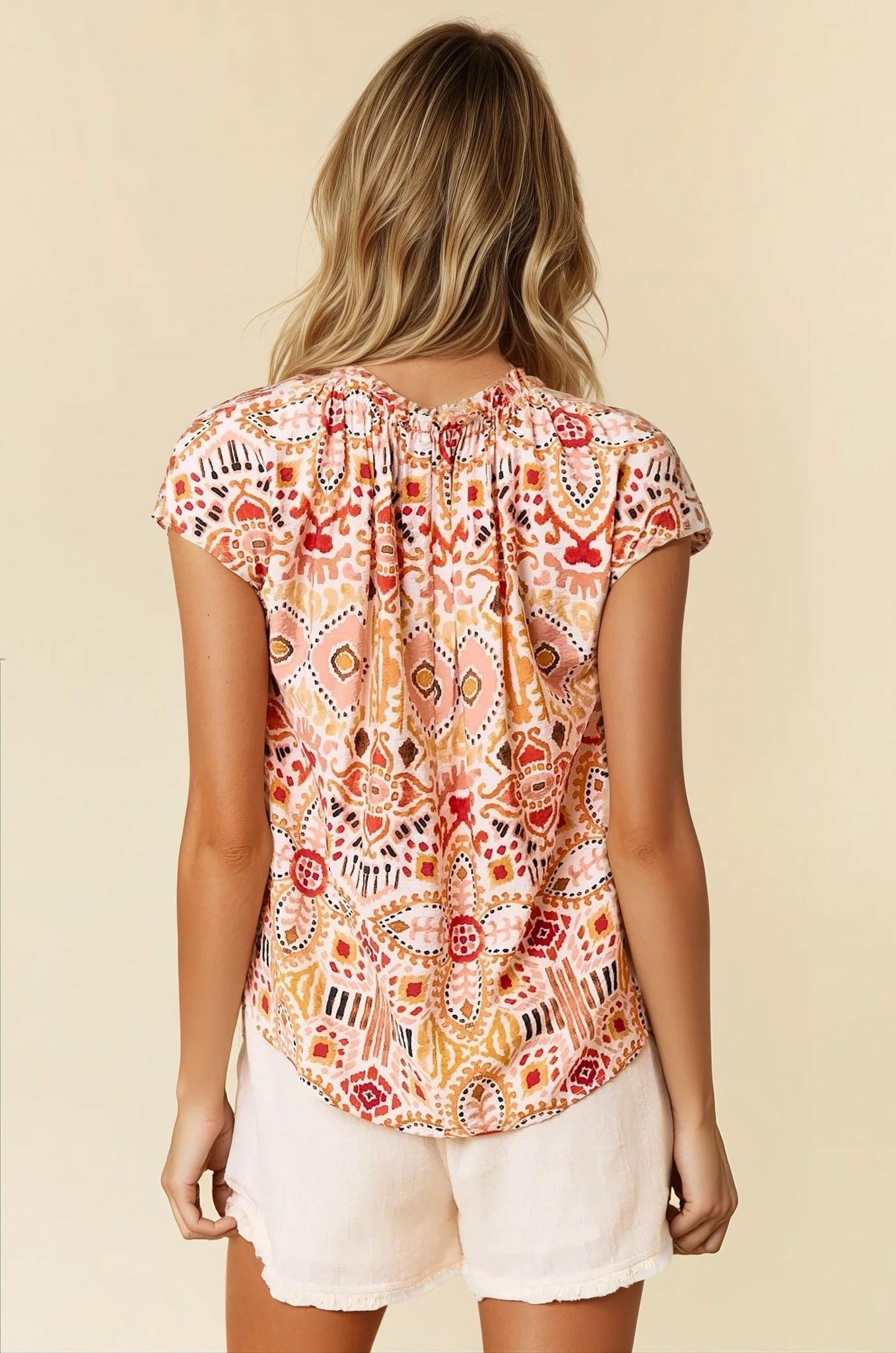 Ikat Print Ruffled Neck Blouse
