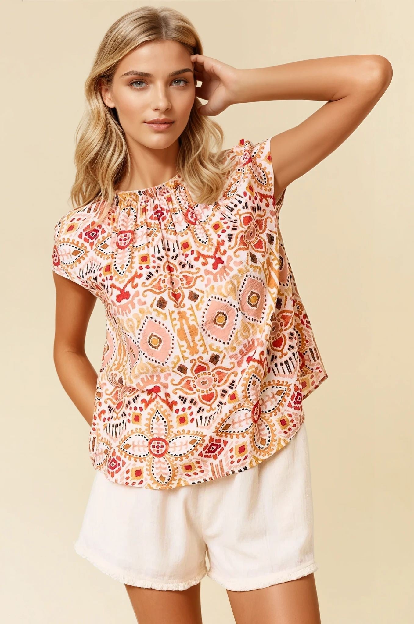 Ikat Print Ruffled Neck Blouse