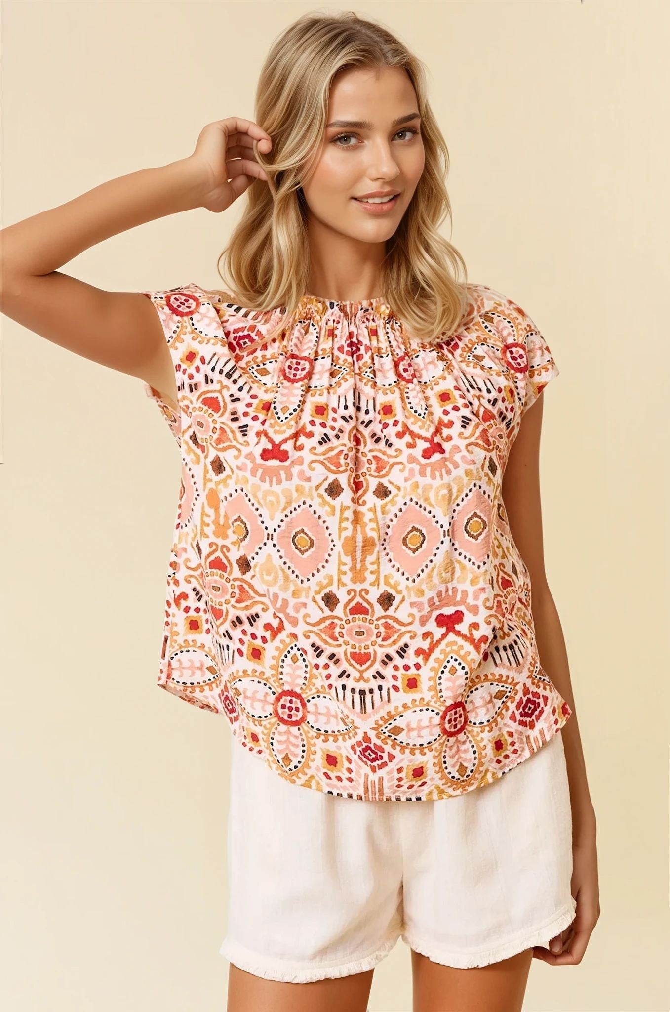 Ikat Print Ruffled Neck Blouse