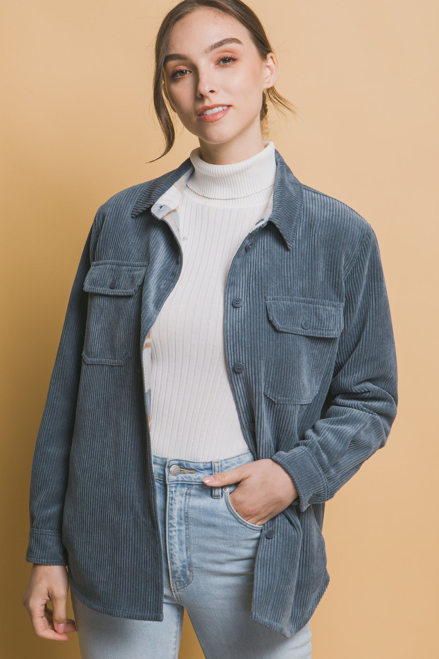 Corduroy Reversible Shacket in Blue Stone