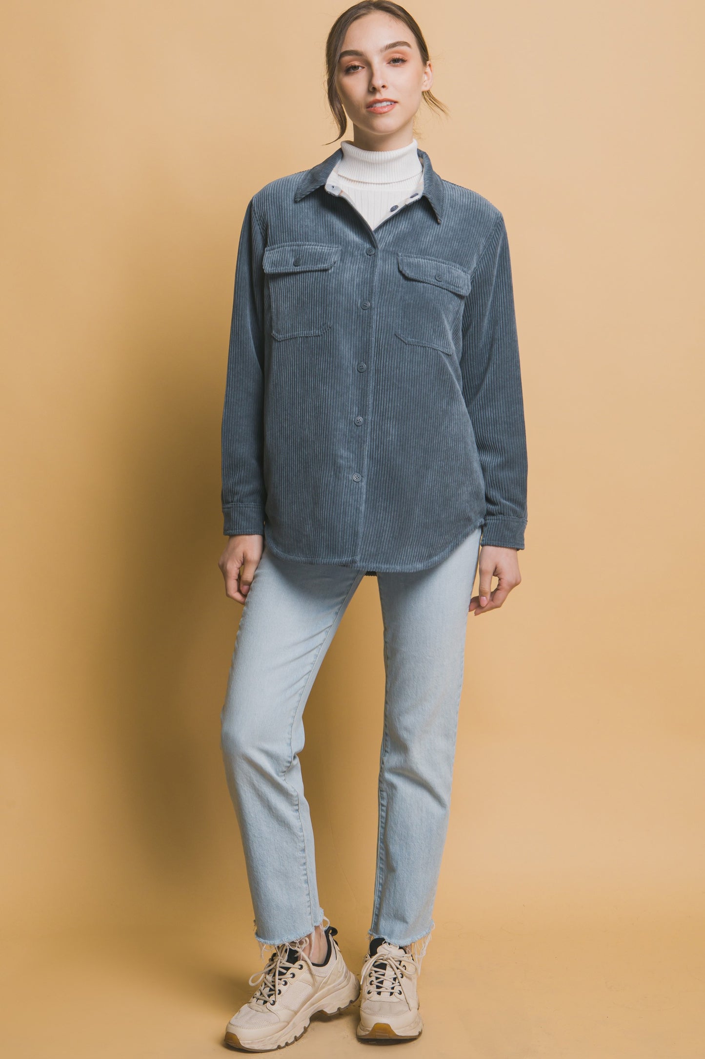 Corduroy Reversible Shacket in Blue Stone