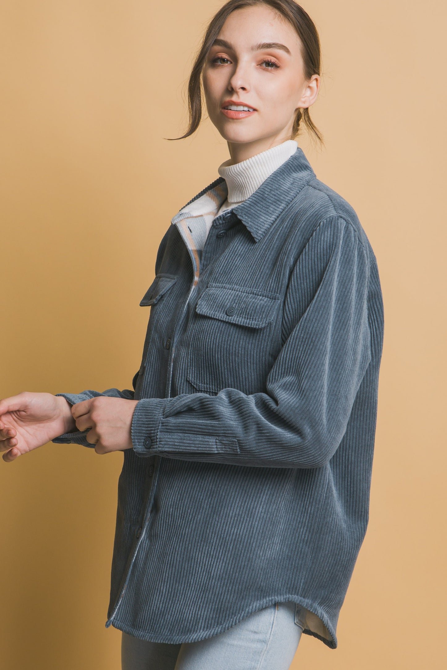 Corduroy Reversible Shacket in Blue Stone