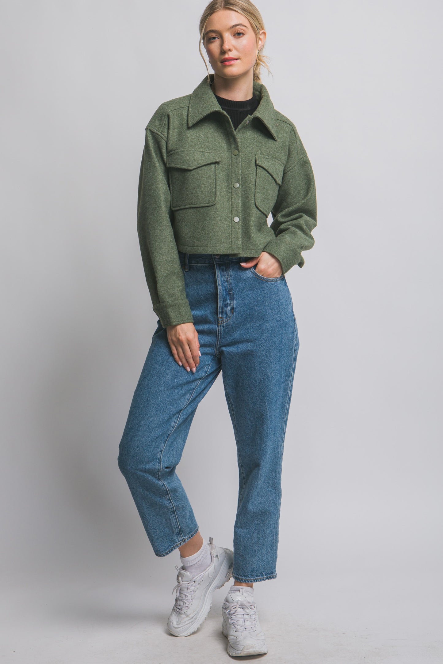 Fleece Cropped Snap-button Jacket
