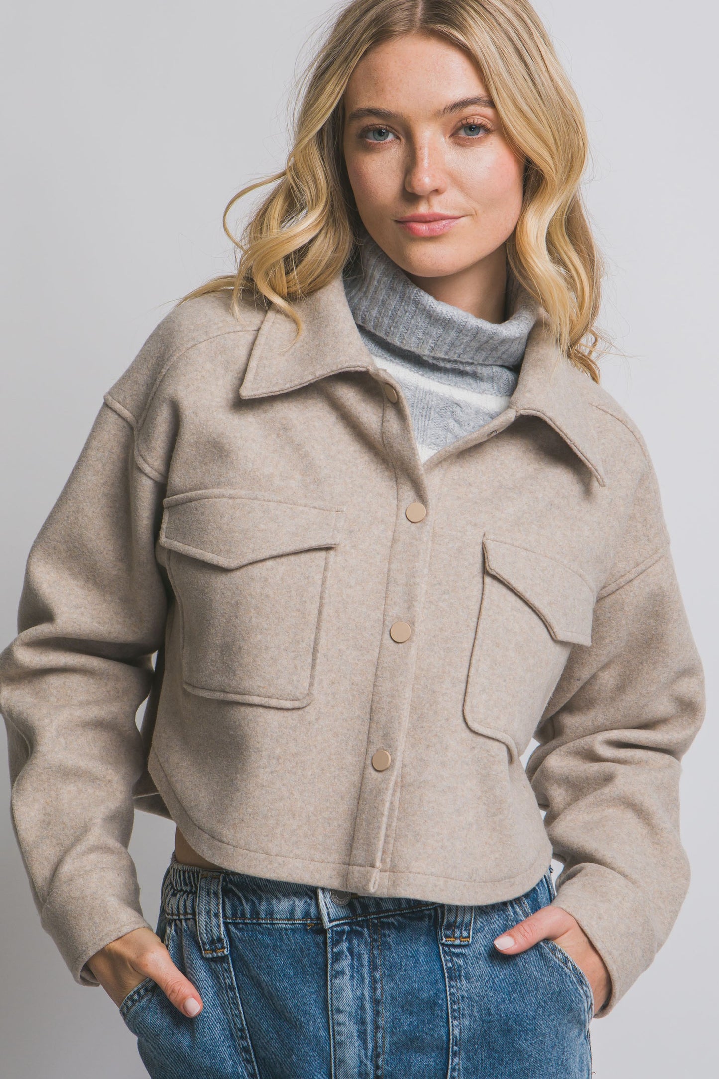 Fleece Cropped Snap-button Jacket