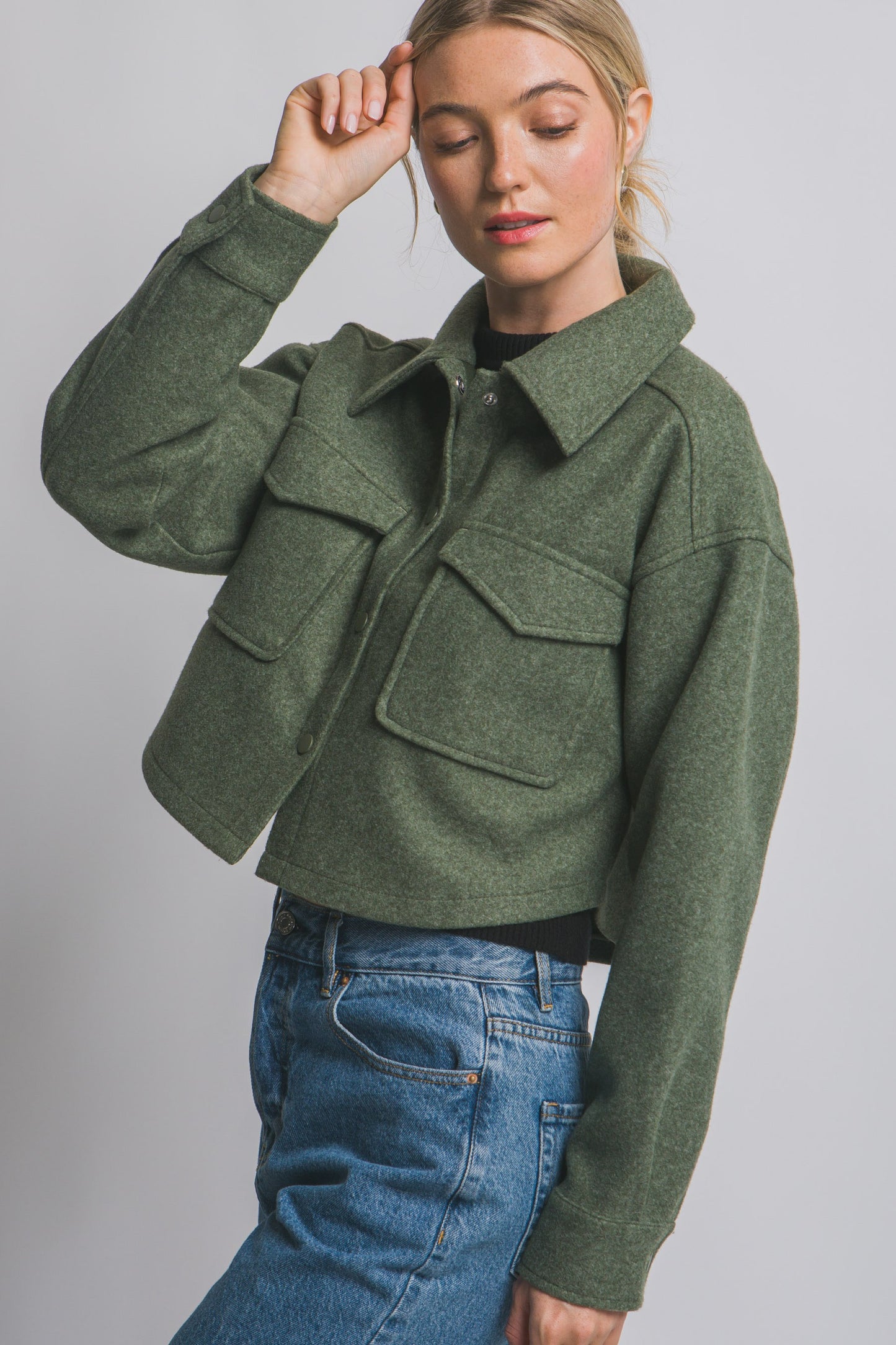 Fleece Cropped Snap-button Jacket