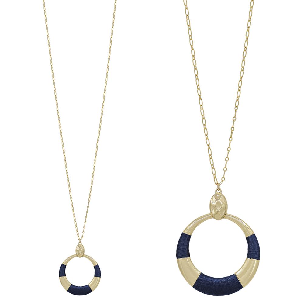 Round Metal Pendant in Navy Thread