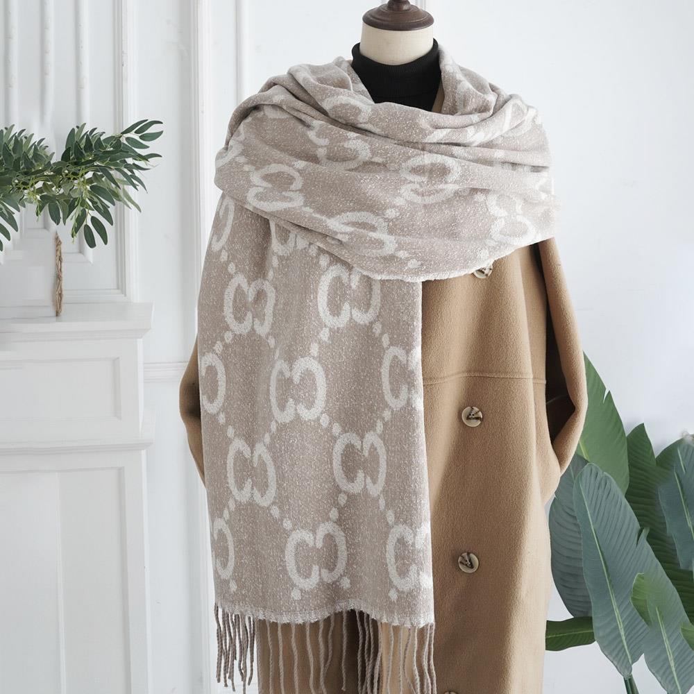 Monogram Pattern Fringe Scarf in Sand