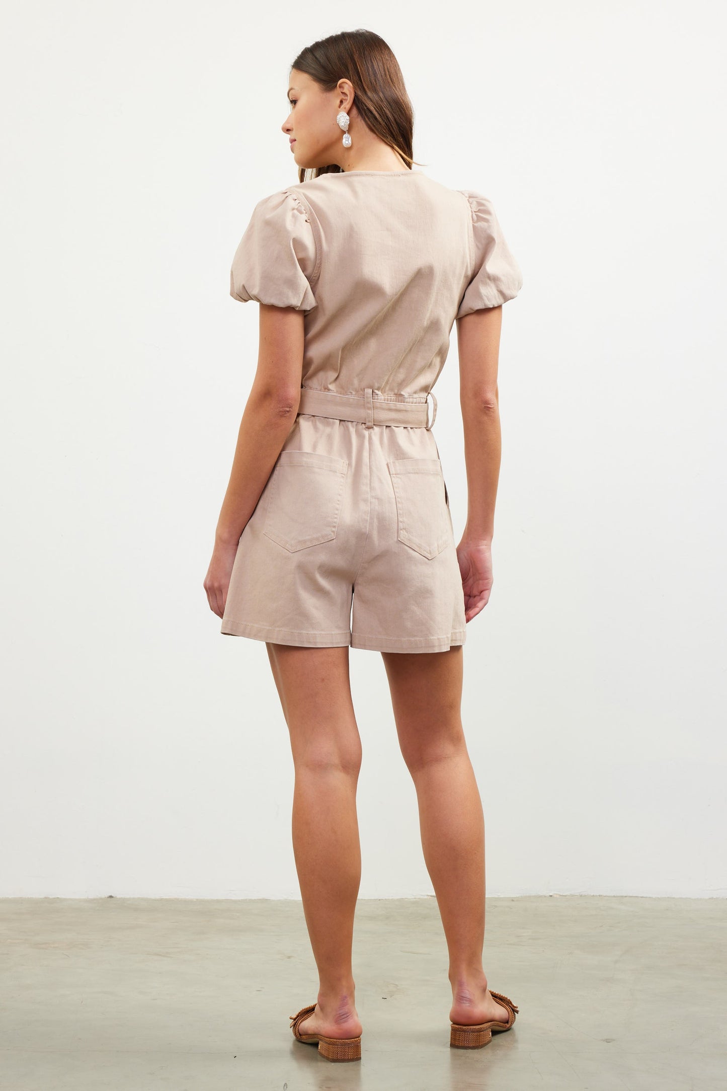 Zip Up Denim Shorts Romper in Taupe