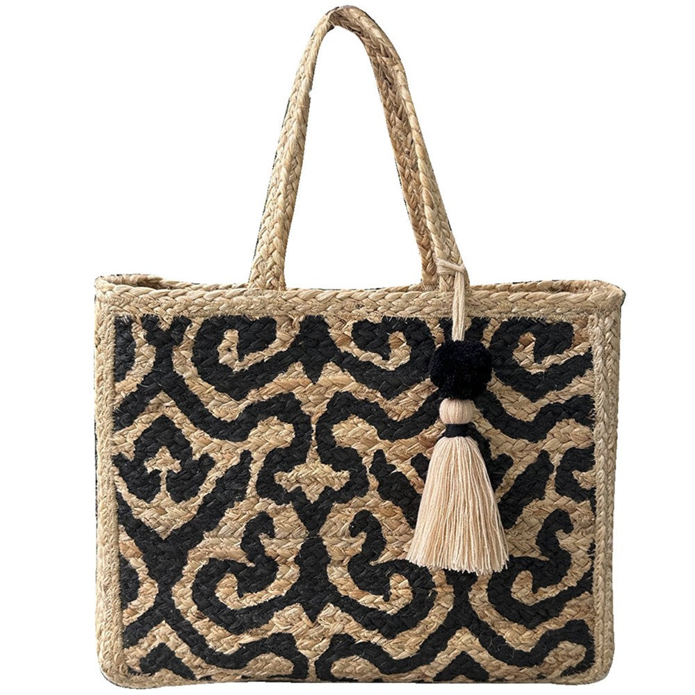 Woven Tassel Shoulder Summer Bag in Black