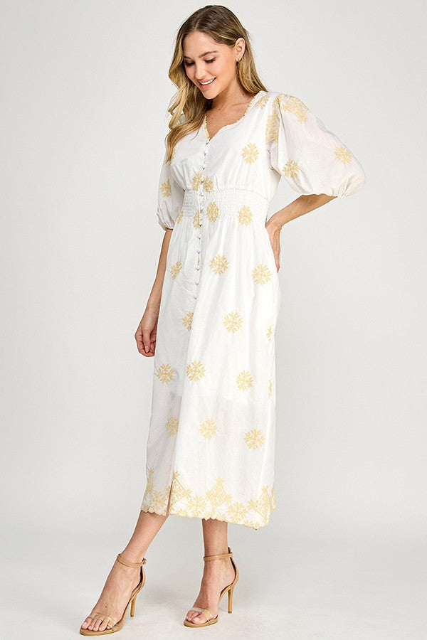 V-Neck Embroidered Midi Dress in White
