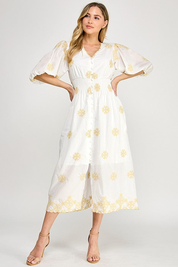 V-Neck Embroidered Midi Dress in White
