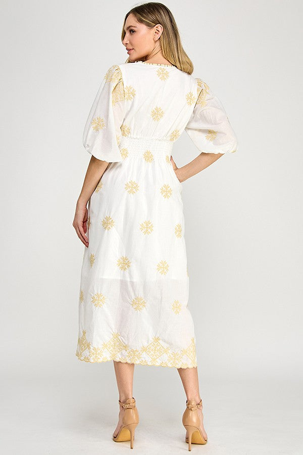 V-Neck Embroidered Midi Dress in White
