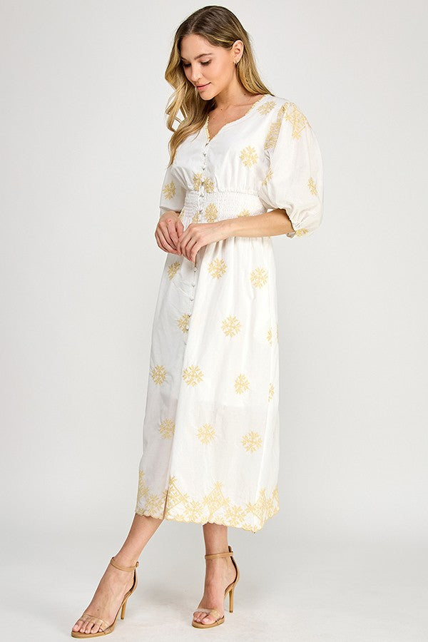 V-Neck Embroidered Midi Dress in White