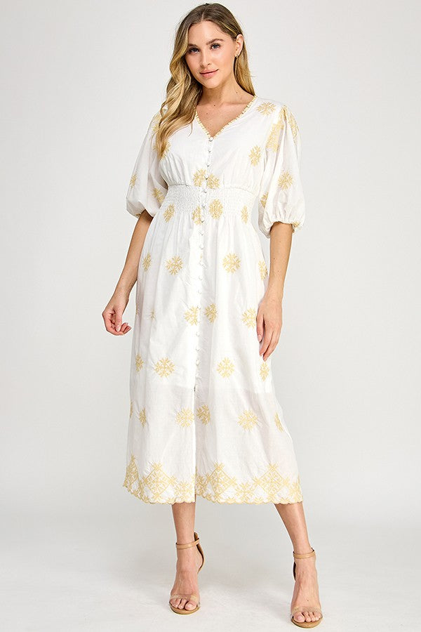 V-Neck Embroidered Midi Dress in White