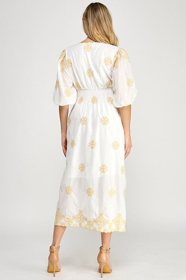 V-Neck Embroidered Midi Dress in White