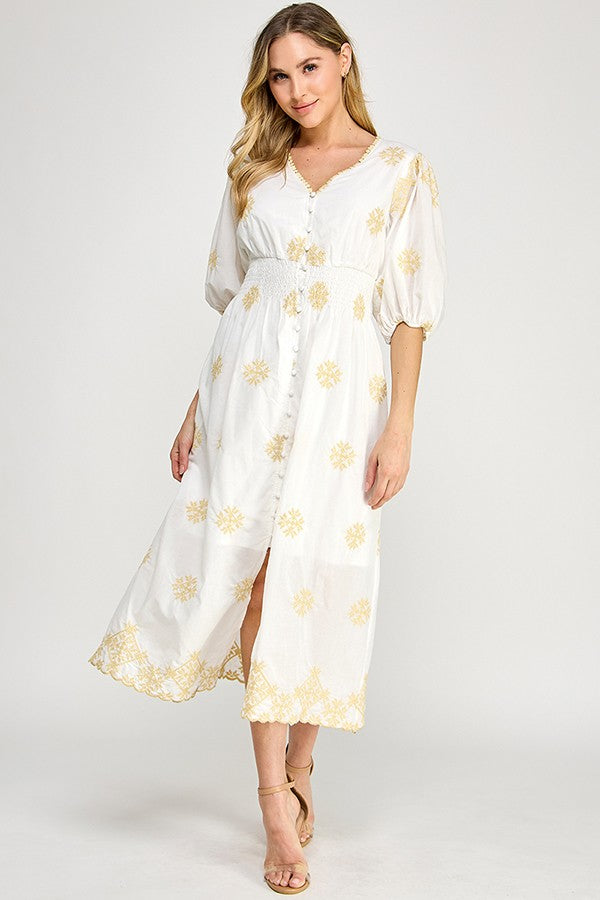 V-Neck Embroidered Midi Dress in White