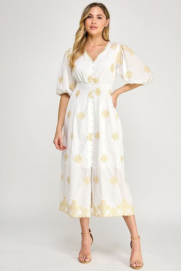 V-Neck Embroidered Midi Dress in White