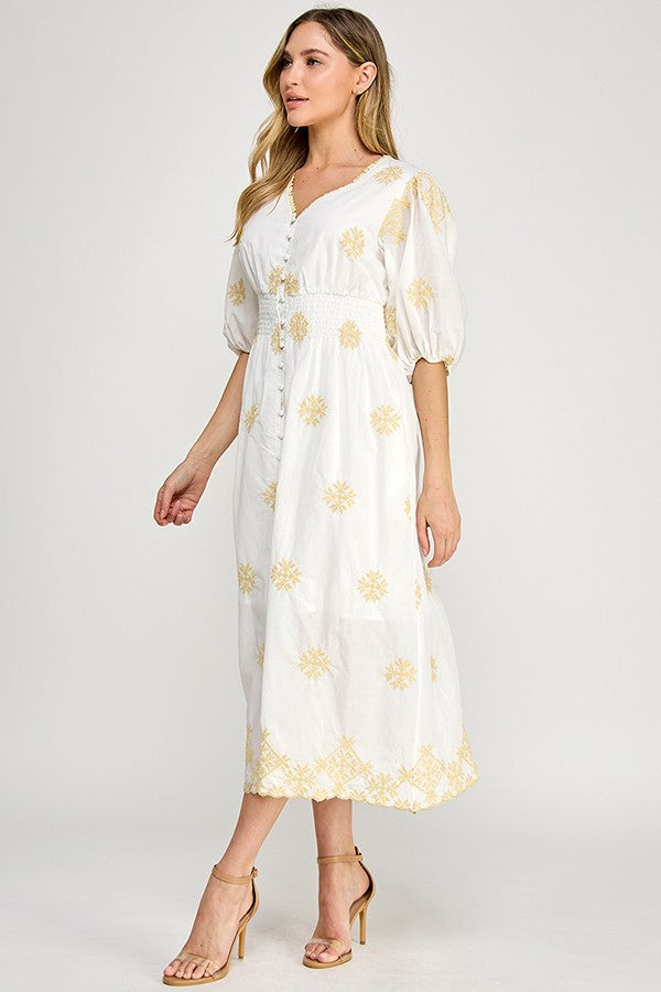 V-Neck Embroidered Midi Dress in White