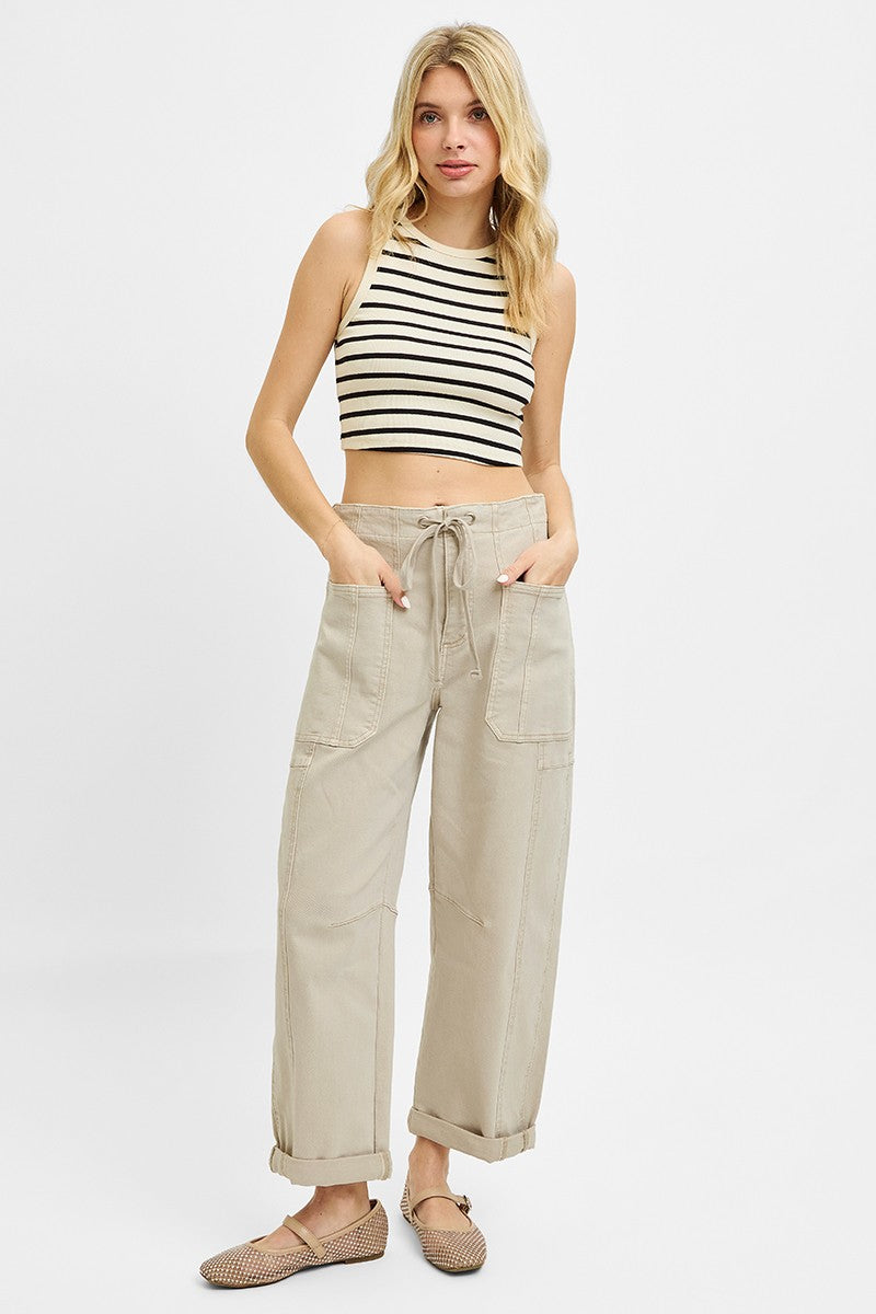 High Rise Crop Wide Barrel Cargo Pocket Pants