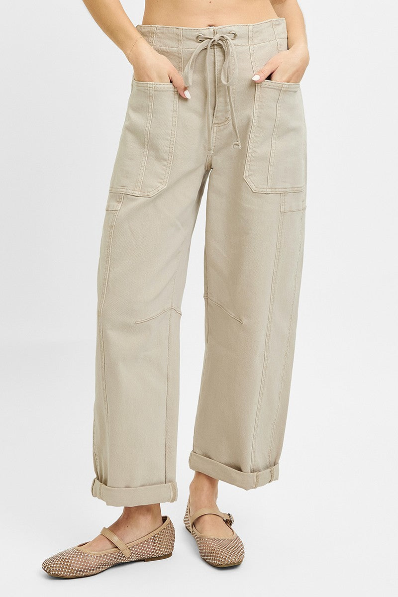 High Rise Crop Wide Barrel Cargo Pocket Pants
