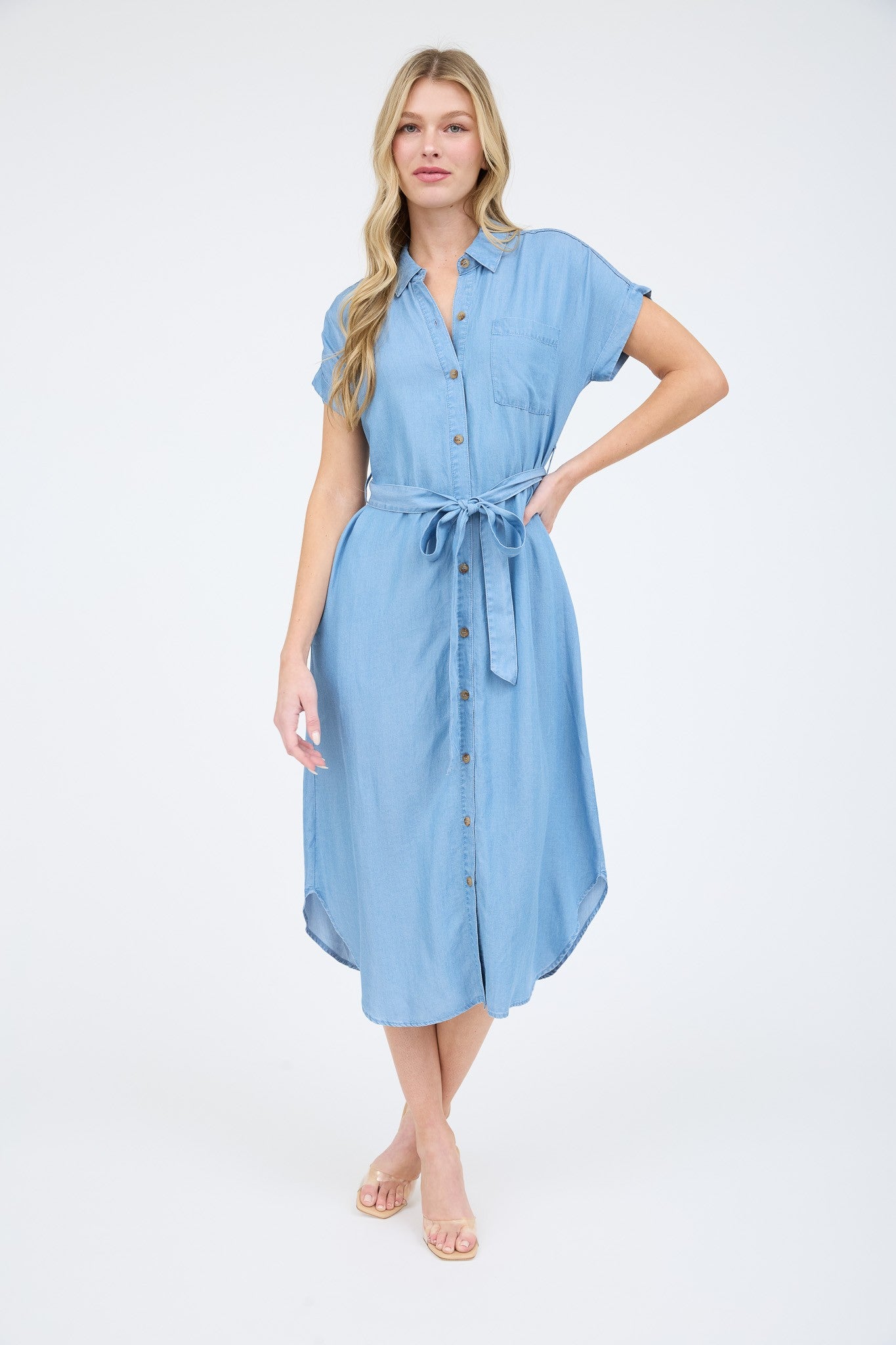 Chambray Belted Button Down Midi Shirt Dress