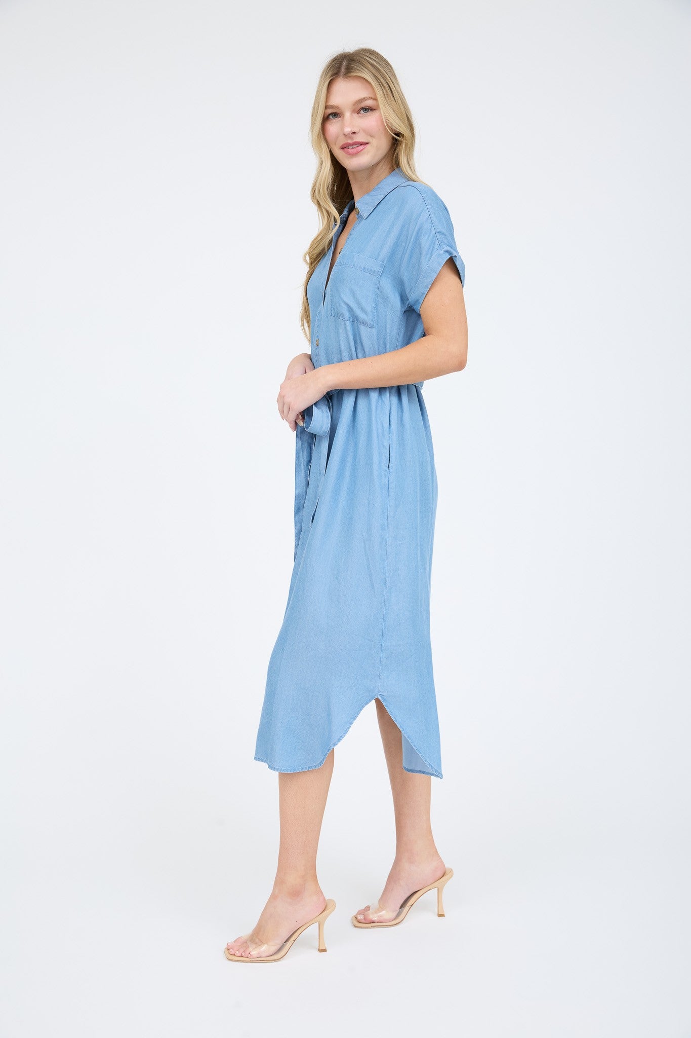 Chambray Belted Button Down Midi Shirt Dress